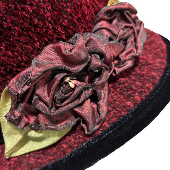 Toucan burgundy red chenille bucket hat black trim flowers on hatband soft warm - Picture 3 of 10